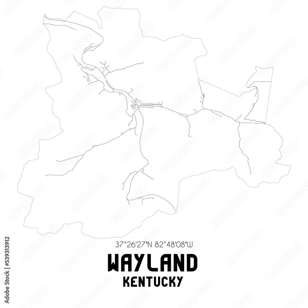 Wayland Kentucky. US street map with black and white lines.