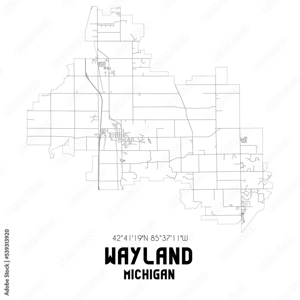 Wayland Michigan. US street map with black and white lines.