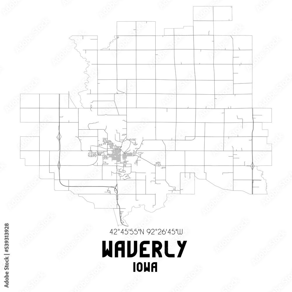 Waverly Iowa. US street map with black and white lines.