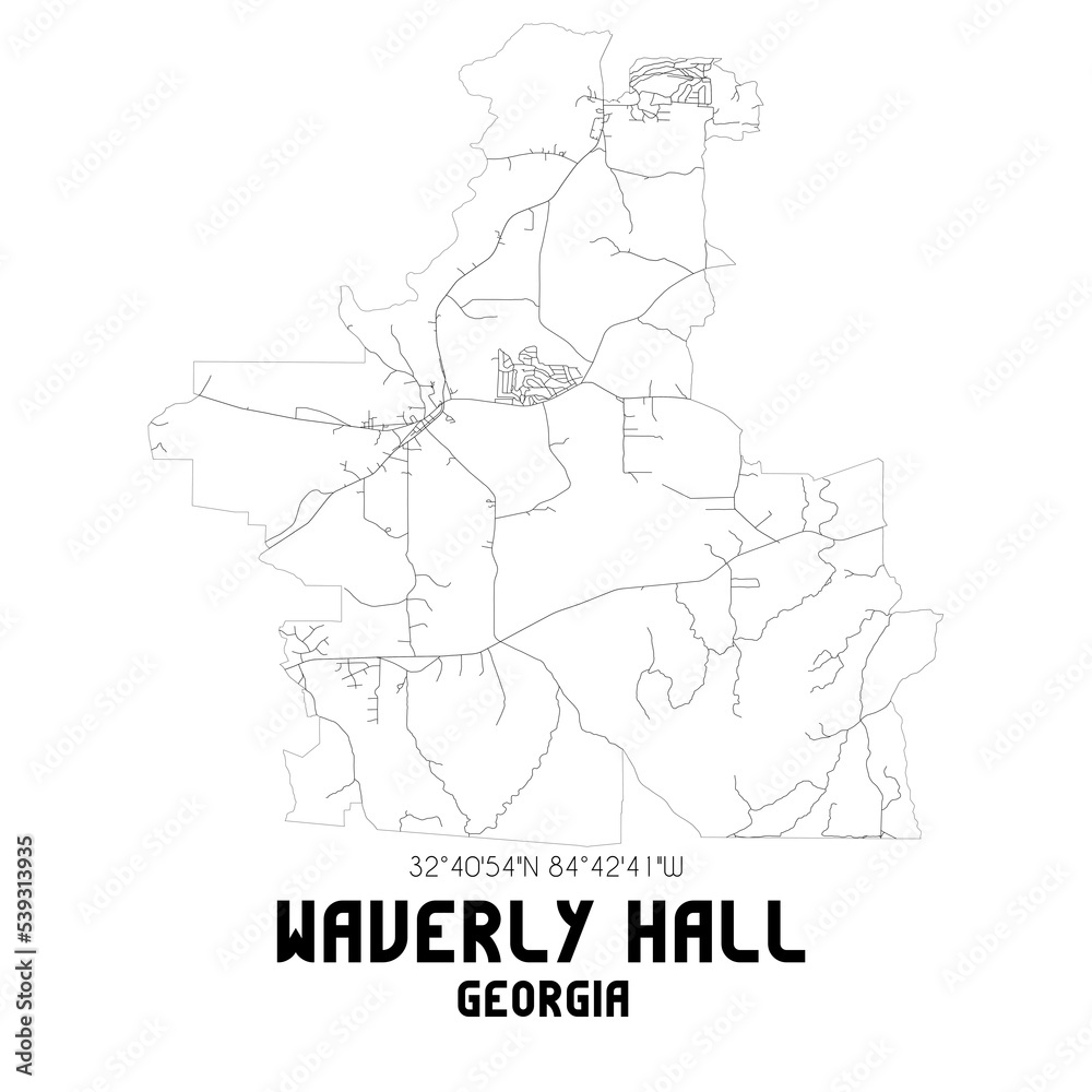 Waverly Hall Georgia. US street map with black and white lines.