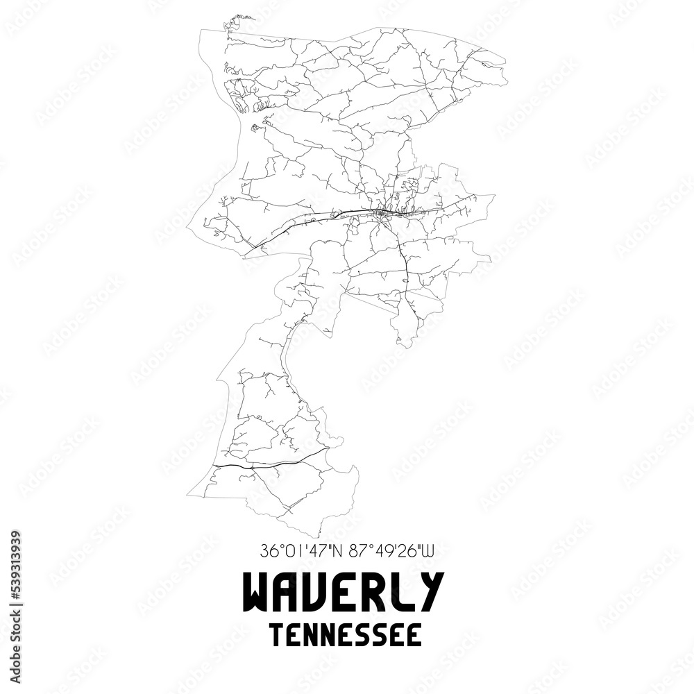 Waverly Tennessee. US street map with black and white lines.