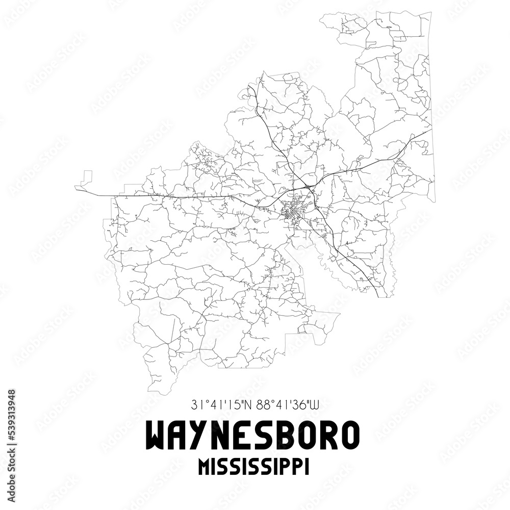 Waynesboro Mississippi. US street map with black and white lines.