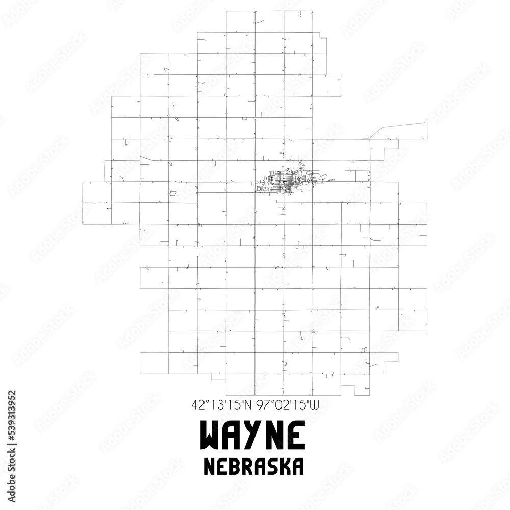 Wayne Nebraska. US street map with black and white lines. Wayne Nebraska. US street map with black and white lines.