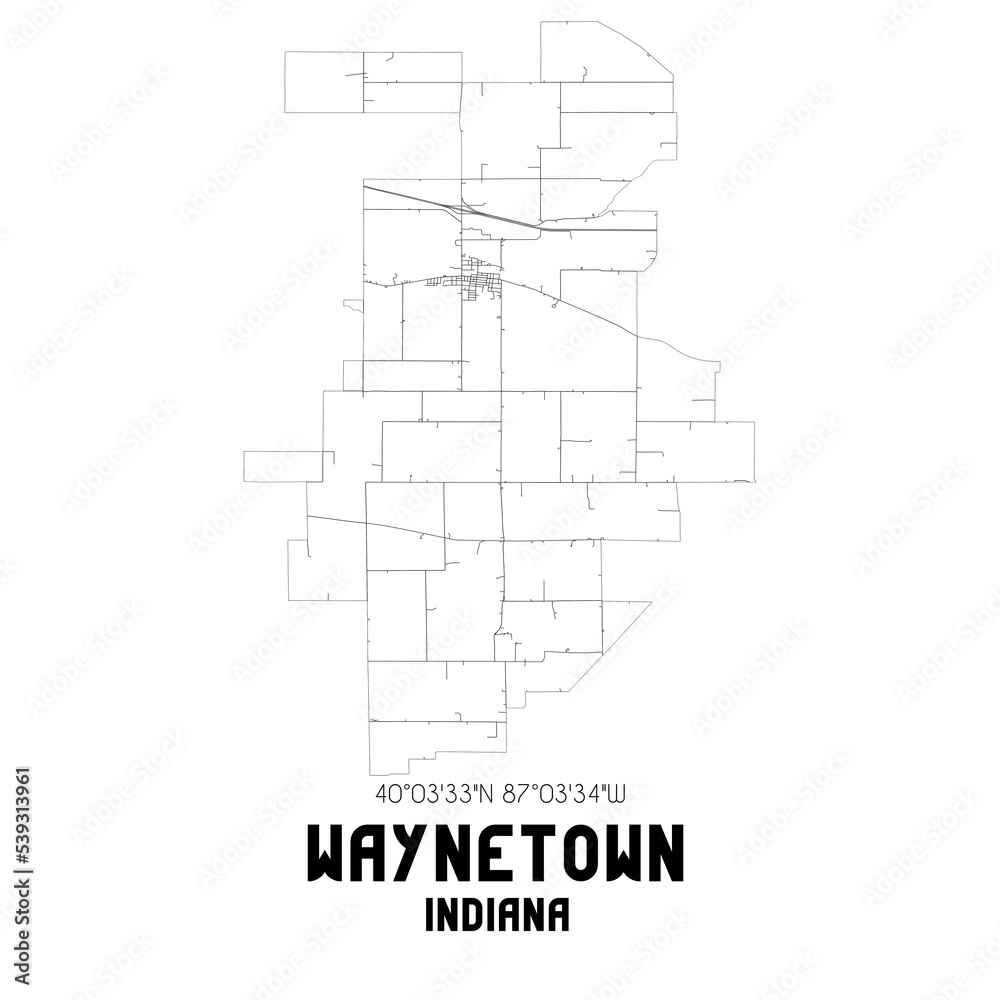Waynetown Indiana. US street map with black and white lines.
