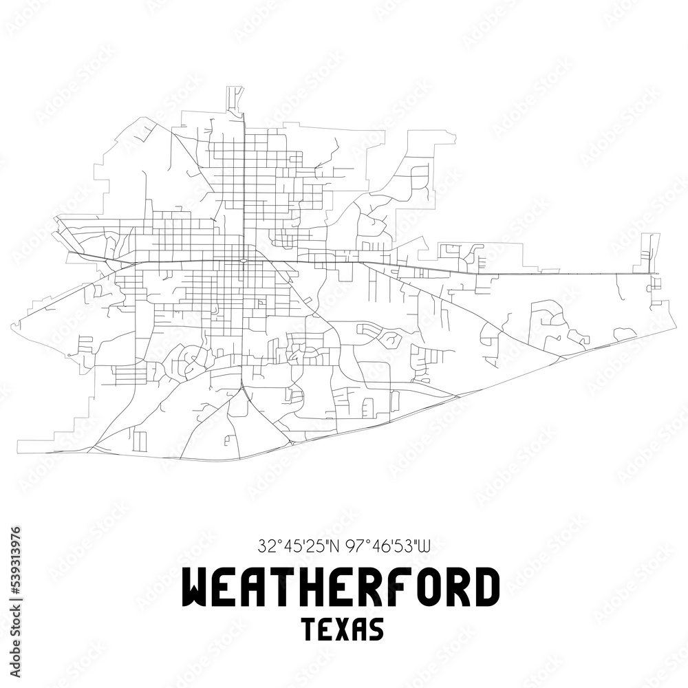 Weatherford Texas. US street map with black and white lines.