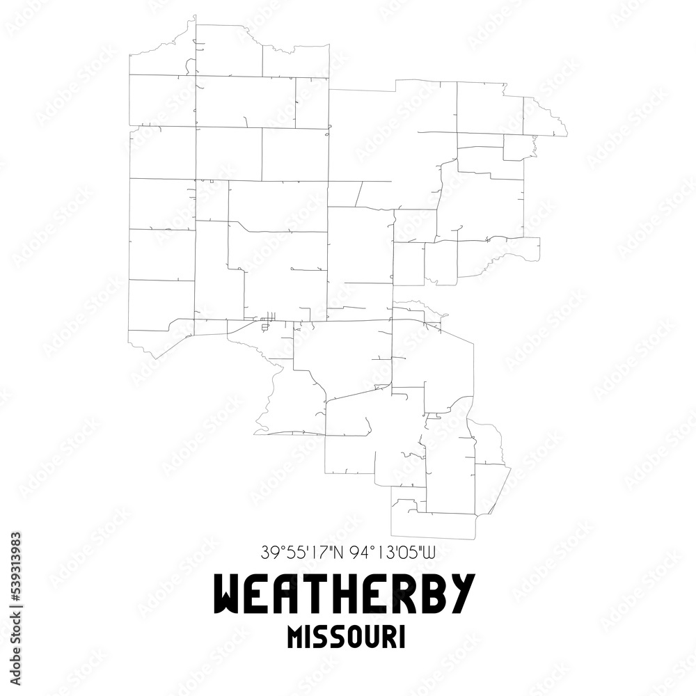 Weatherby Missouri. US street map with black and white lines.