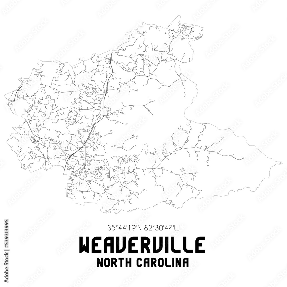 Weaverville North Carolina. US street map with black and white lines.
