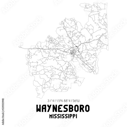 Waynesboro Mississippi. US street map with black and white lines.
