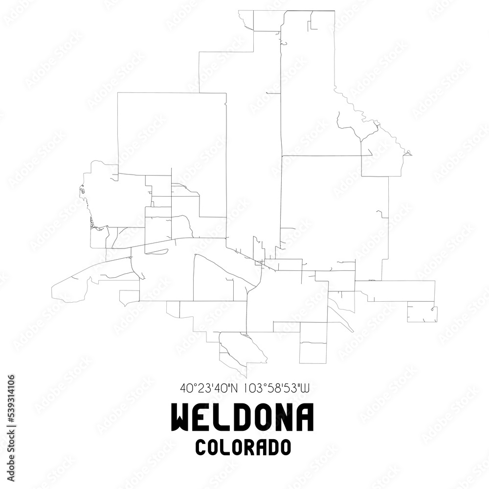 Weldona Colorado. US street map with black and white lines.