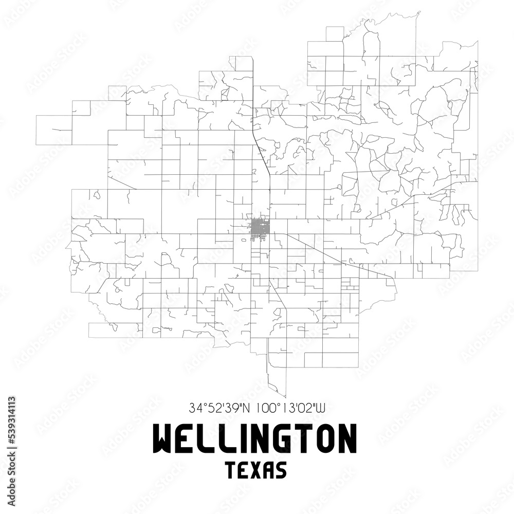 Wellington Texas. US street map with black and white lines.