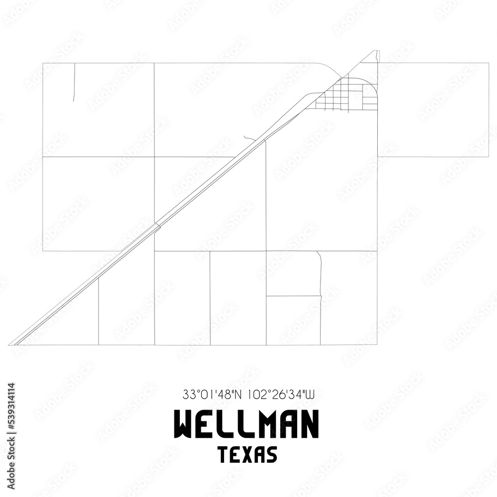 Wellman Texas. US street map with black and white lines. Stock