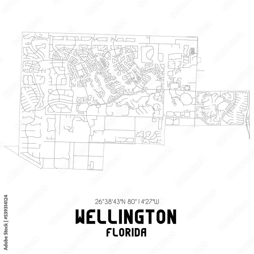 Wellington Florida. US street map with black and white lines.