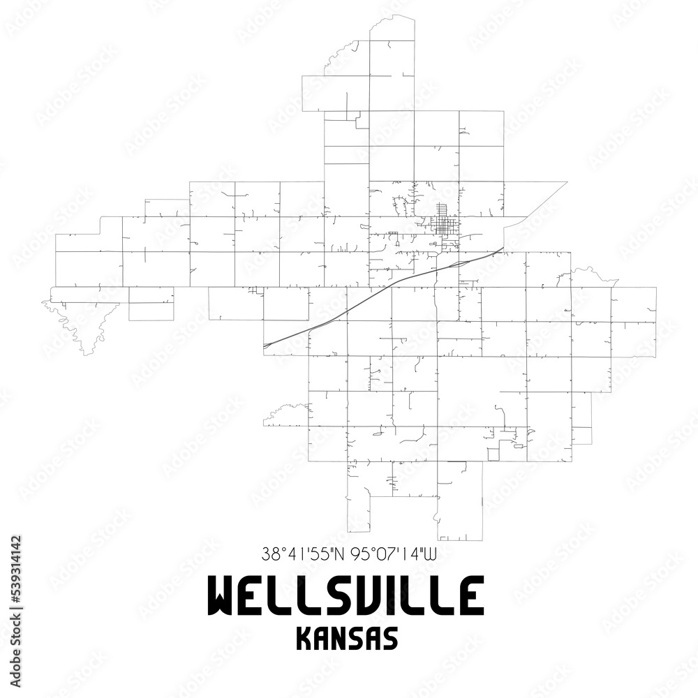 Wellsville Kansas. US street map with black and white lines.