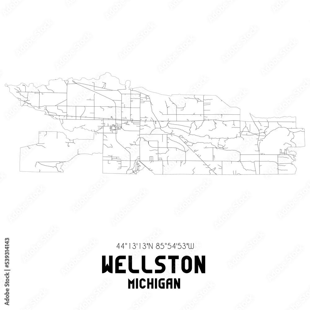 Wellston Michigan. US street map with black and white lines.