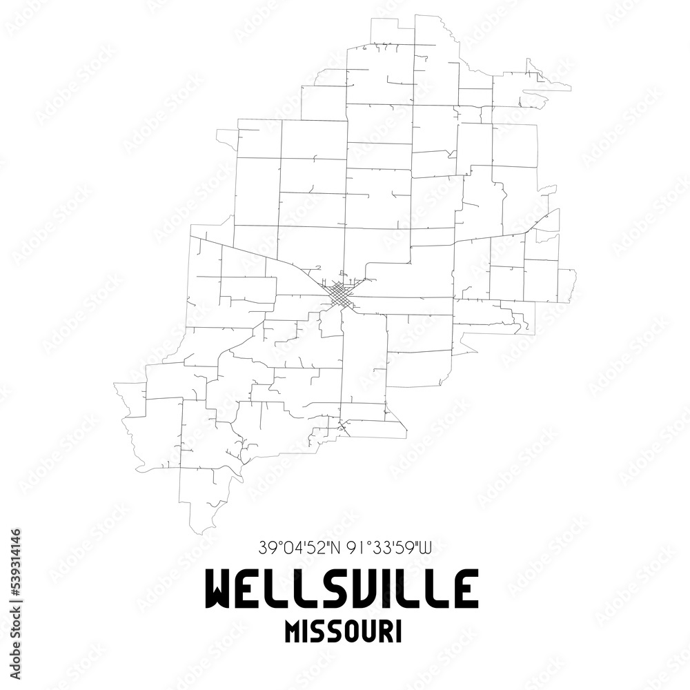 Wellsville Missouri. US street map with black and white lines.