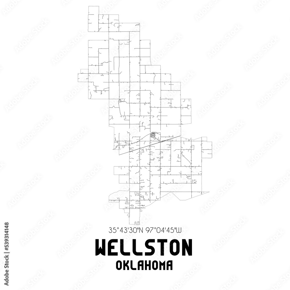 Wellston Oklahoma. US street map with black and white lines.