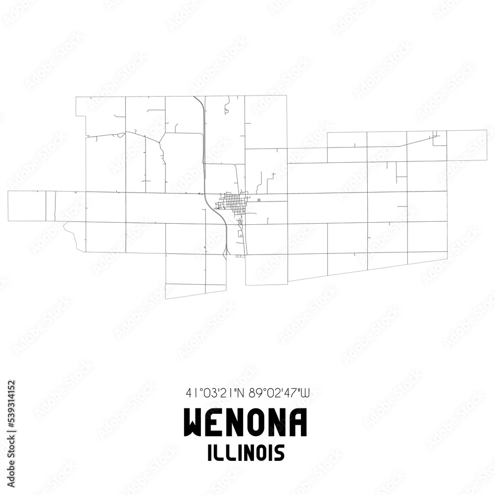 Wenona Illinois. US street map with black and white lines.