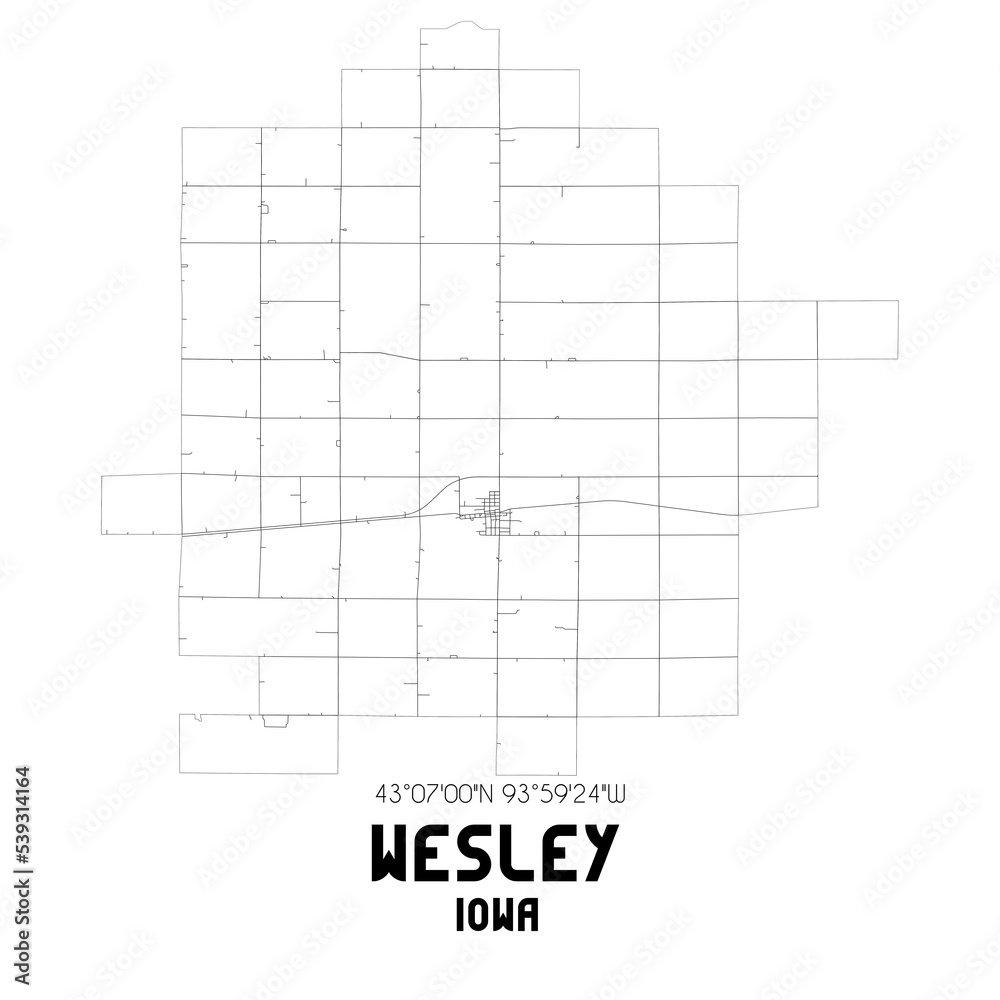 Wesley Iowa. US street map with black and white lines.