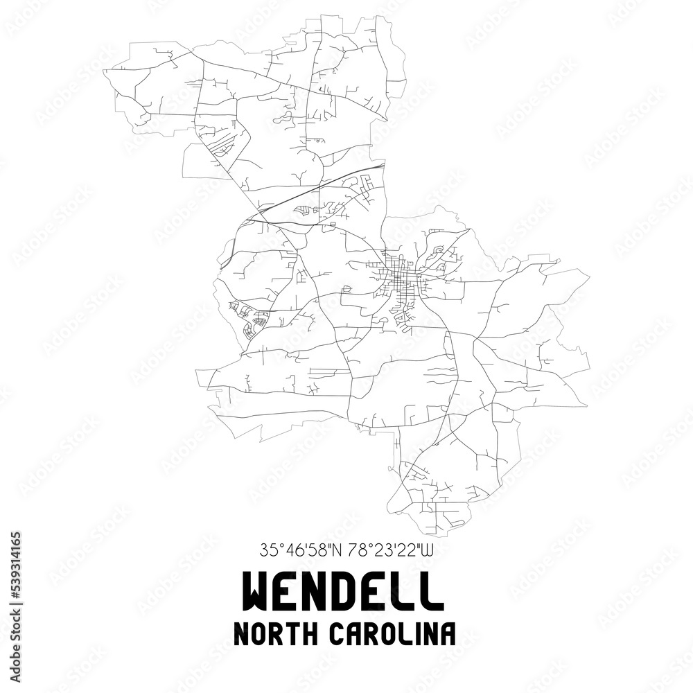 Wendell North Carolina. US street map with black and white lines.