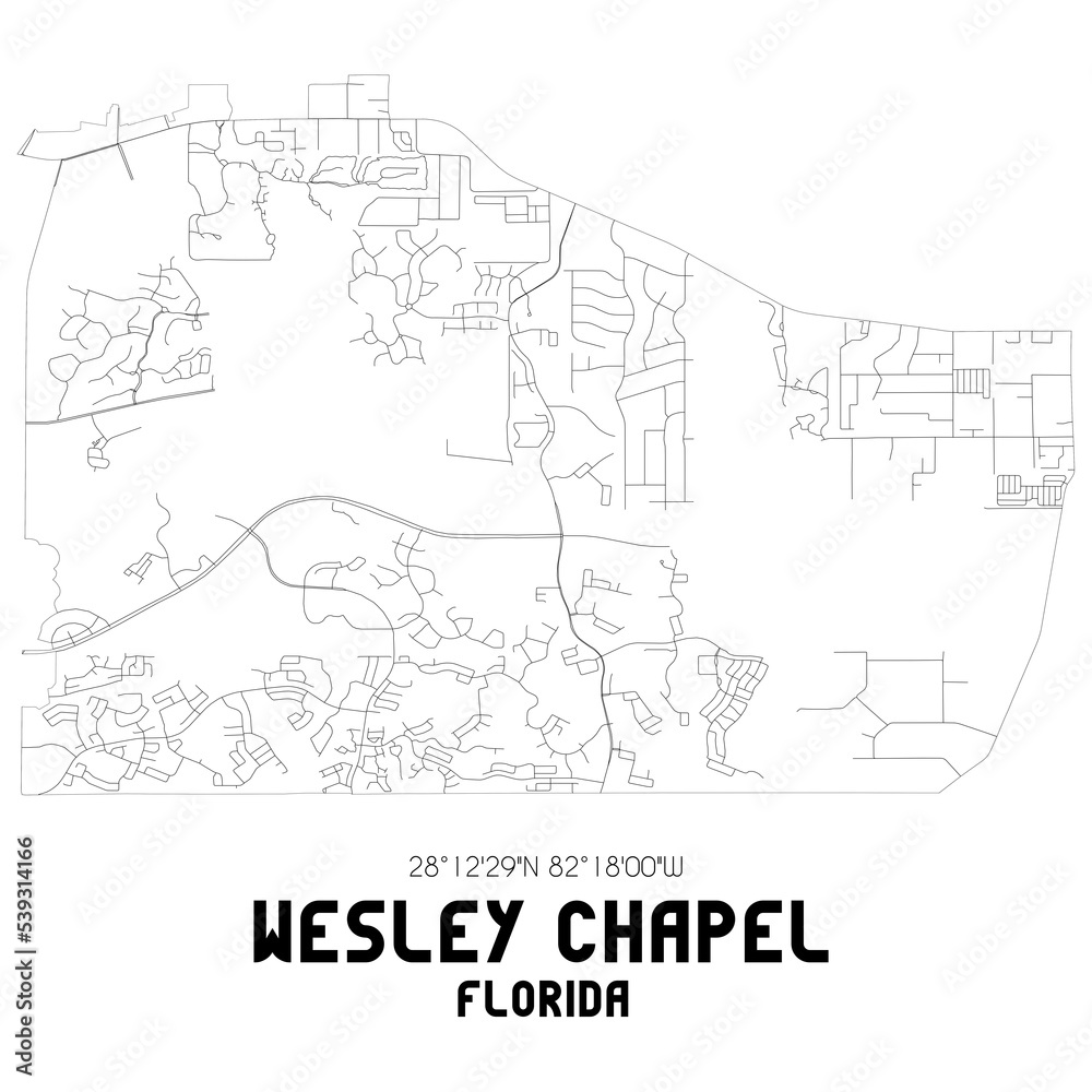 Wesley Chapel Florida. US street map with black and white lines.