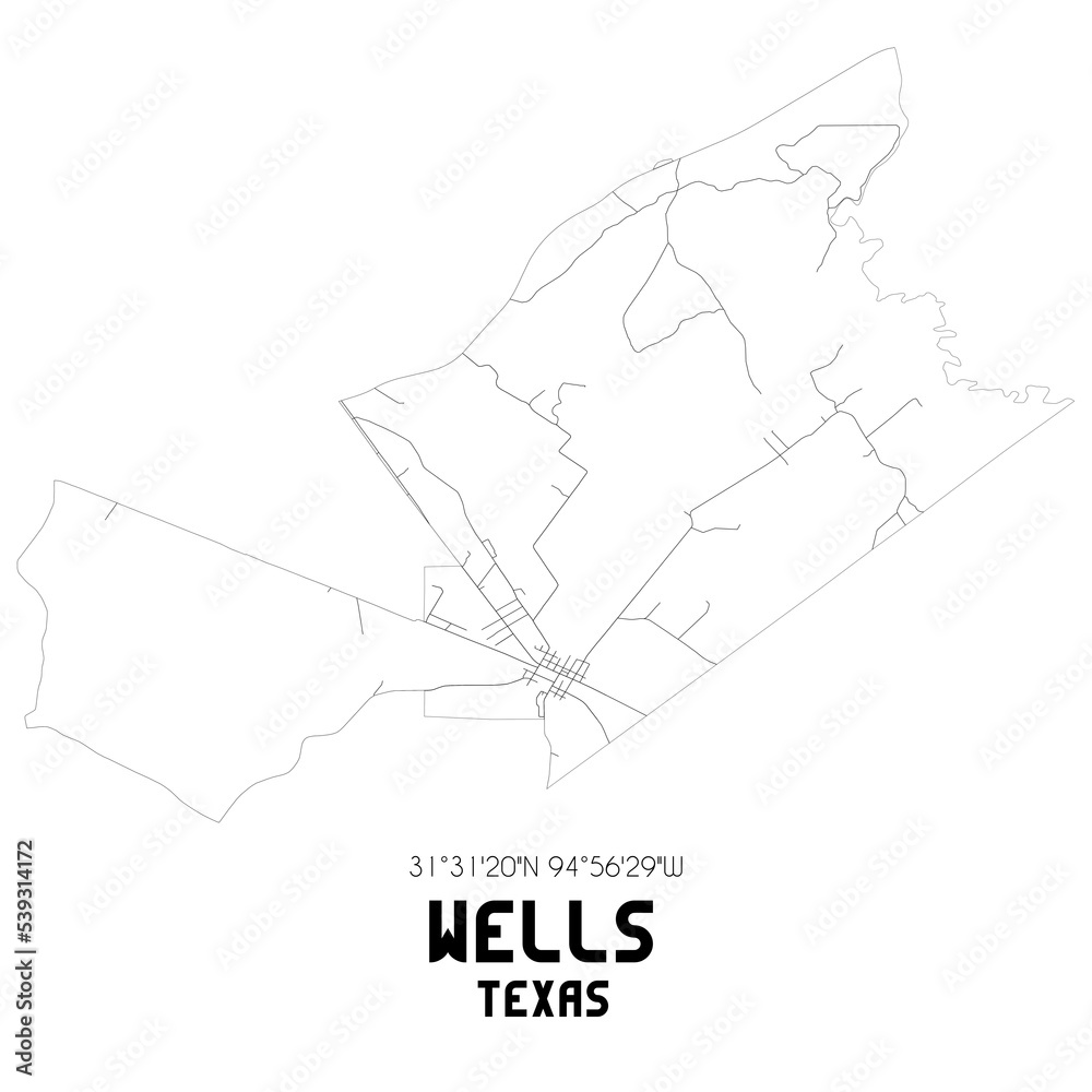 Wells Texas. US street map with black and white lines. Wells Texas. US street map with black and white lines.