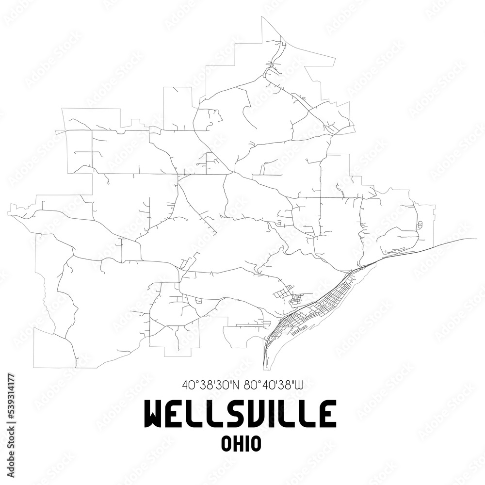 Wellsville Ohio. US street map with black and white lines.