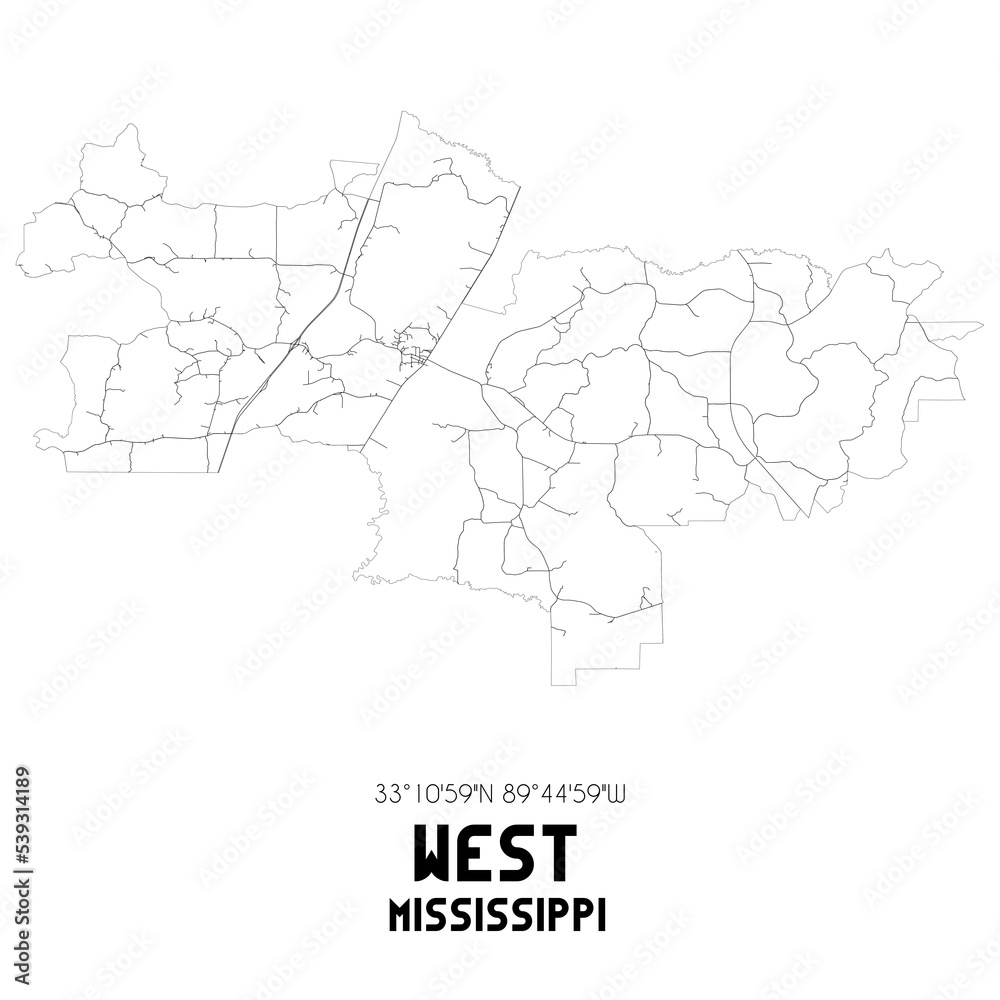 West Mississippi. US street map with black and white lines.