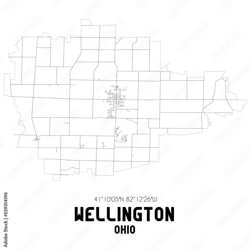 Wellington Ohio. US street map with black and white lines.