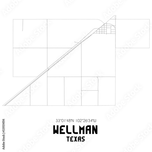 Wellman Texas. US street map with black and white lines.