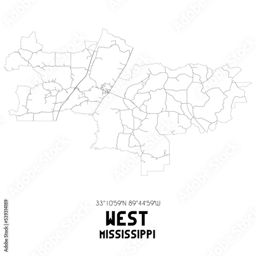West Mississippi. US street map with black and white lines.