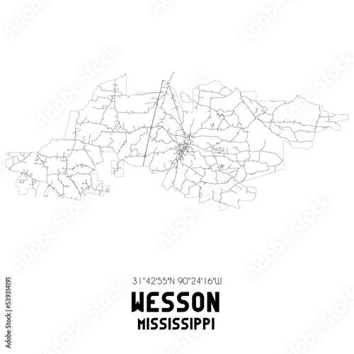 Wesson Mississippi. US street map with black and white lines.