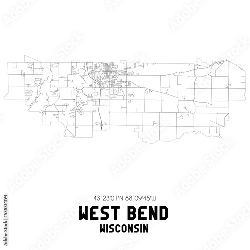 West Bend Wisconsin. US street map with black and white lines.