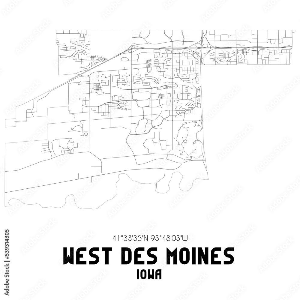 West Des Moines Iowa. US street map with black and white lines.
