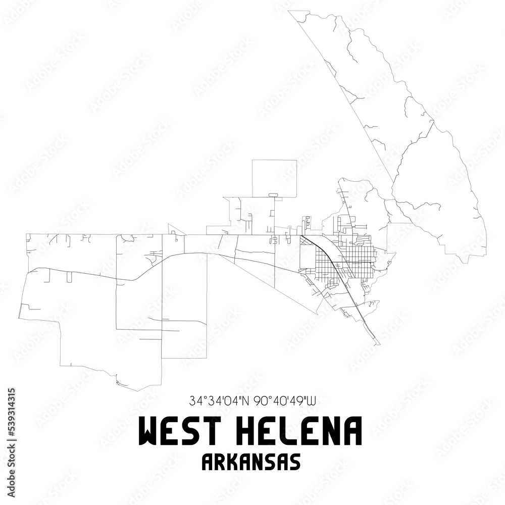 West Helena Arkansas. US street map with black and white lines.