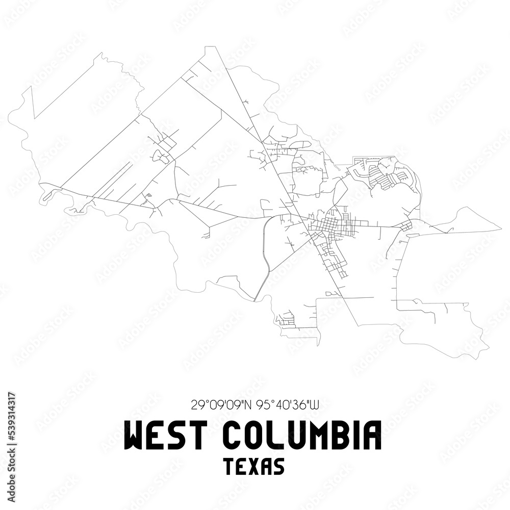 West Columbia Texas. US street map with black and white lines.