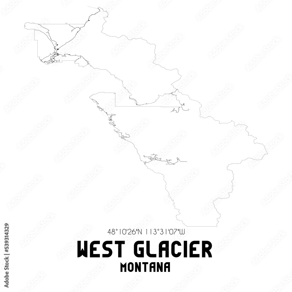 West Glacier Montana. US street map with black and white lines.