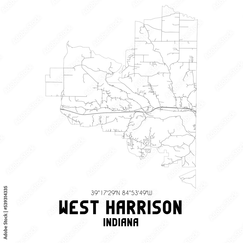 West Harrison Indiana. US street map with black and white lines.