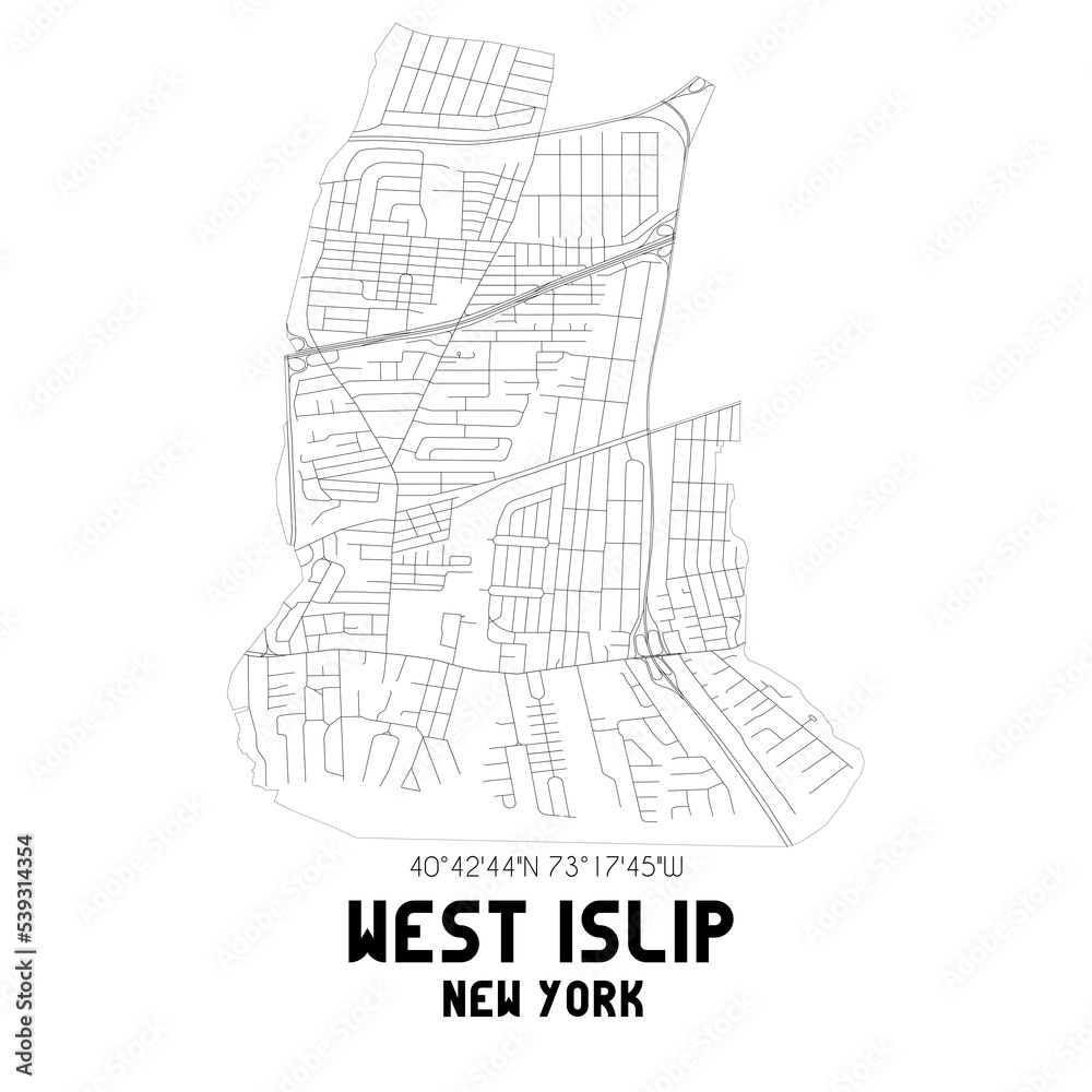 West Islip New York. US street map with black and white lines.