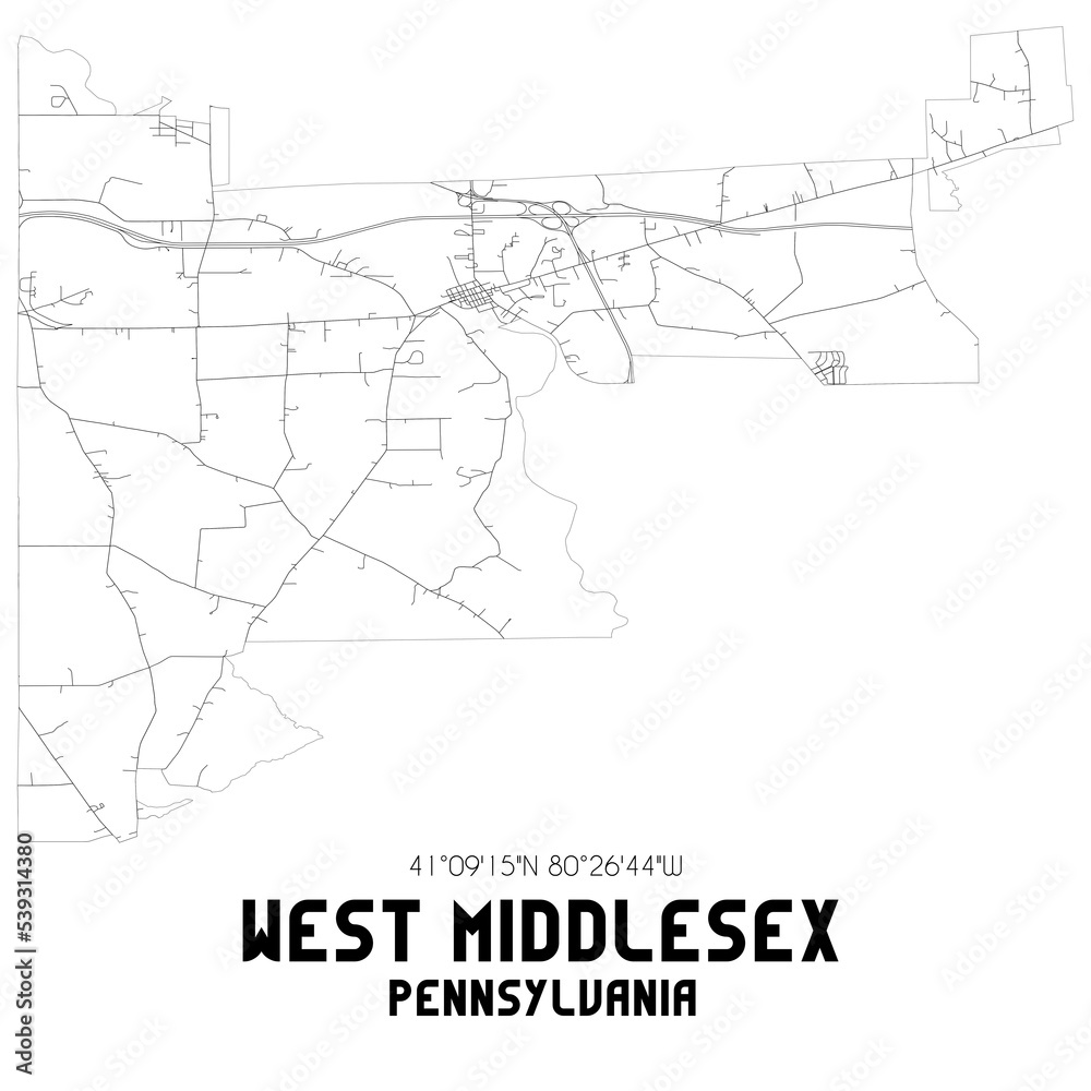 West Middlesex Pennsylvania. US street map with black and white lines.