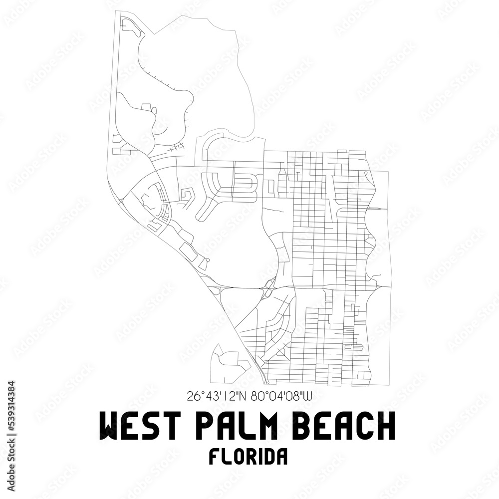 West Palm Beach Florida. US street map with black and white lines ...