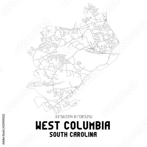 West Columbia South Carolina. US street map with black and white lines.