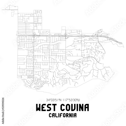 West Covina California. US street map with black and white lines.