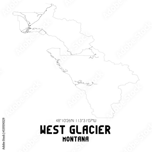 West Glacier Montana. US street map with black and white lines.