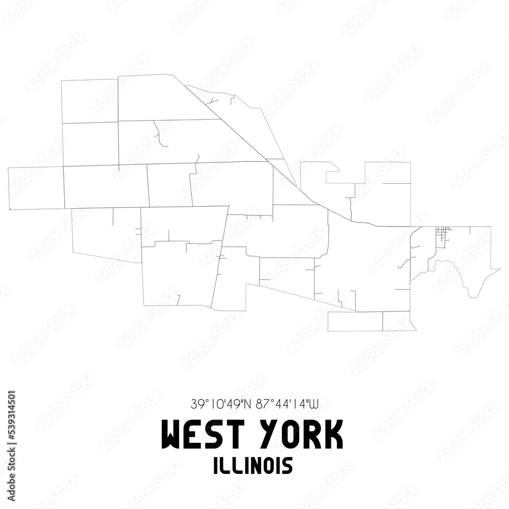 West York Illinois. US street map with black and white lines.