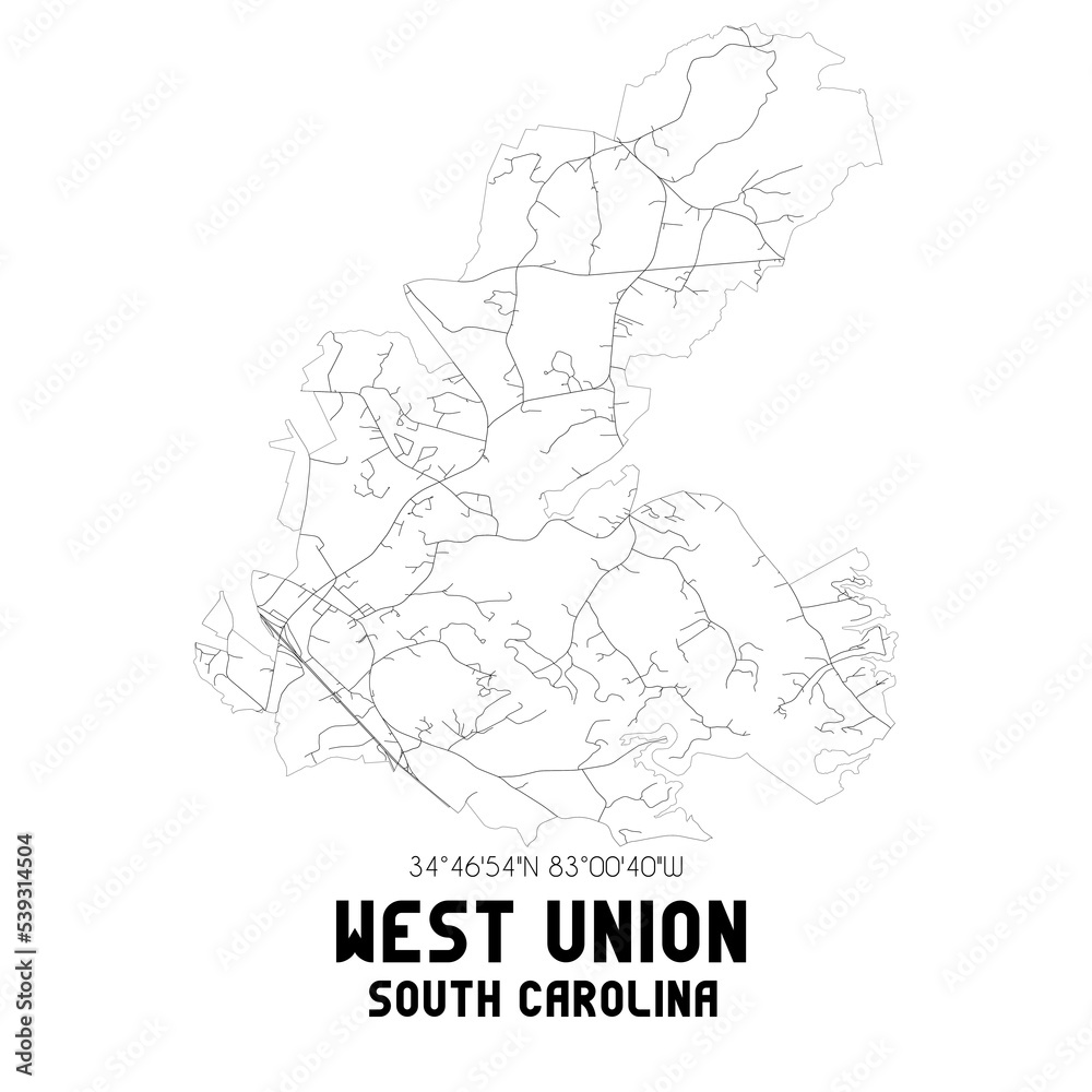 West Union South Carolina. US street map with black and white lines.