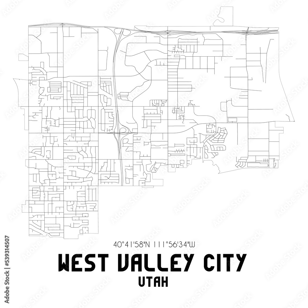 West Valley City Utah. US street map with black and white lines.