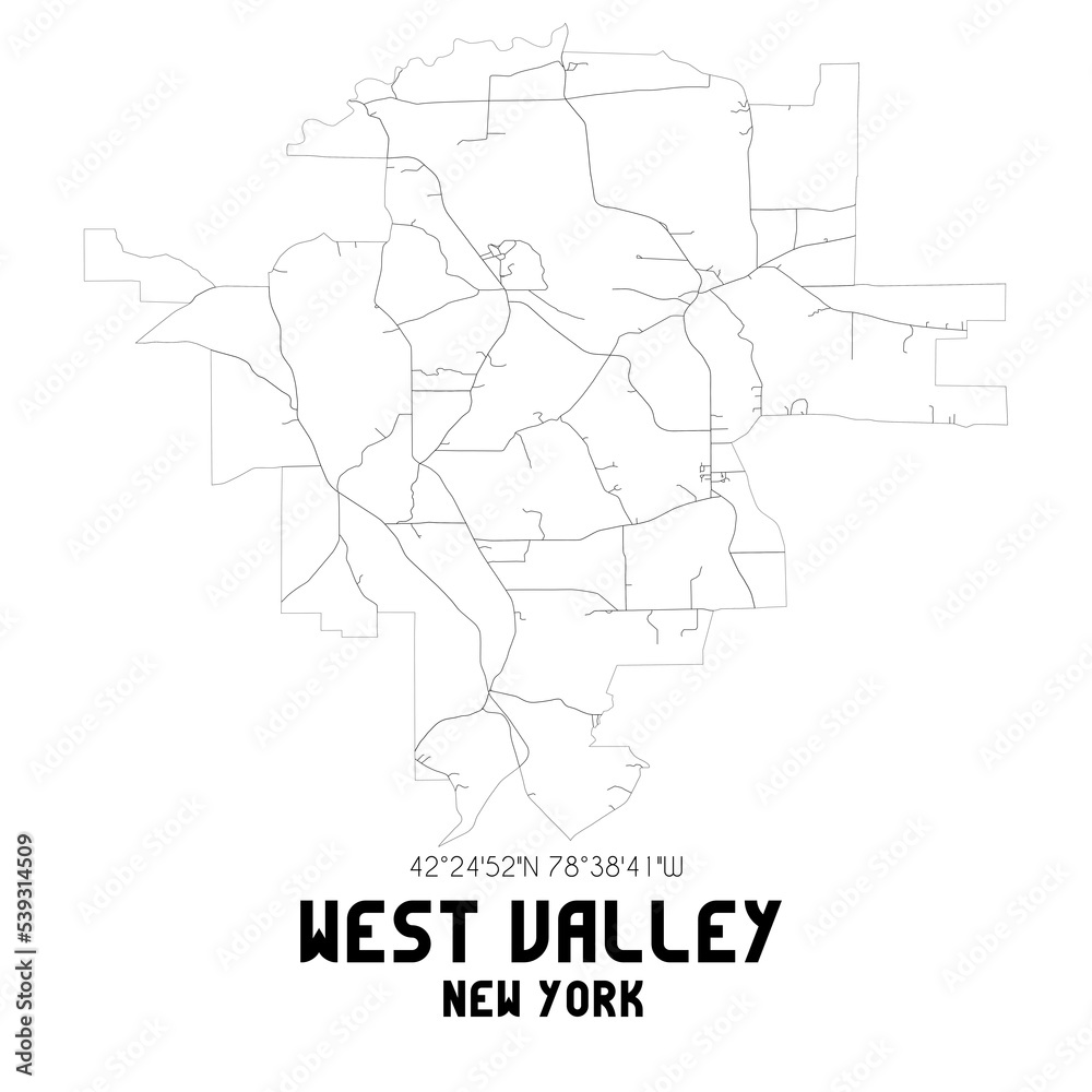 West Valley New York. US street map with black and white lines.