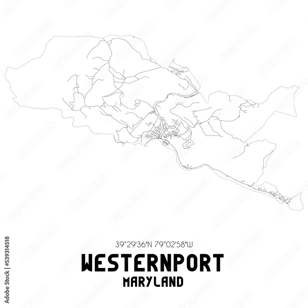 Westernport Maryland. US street map with black and white lines.