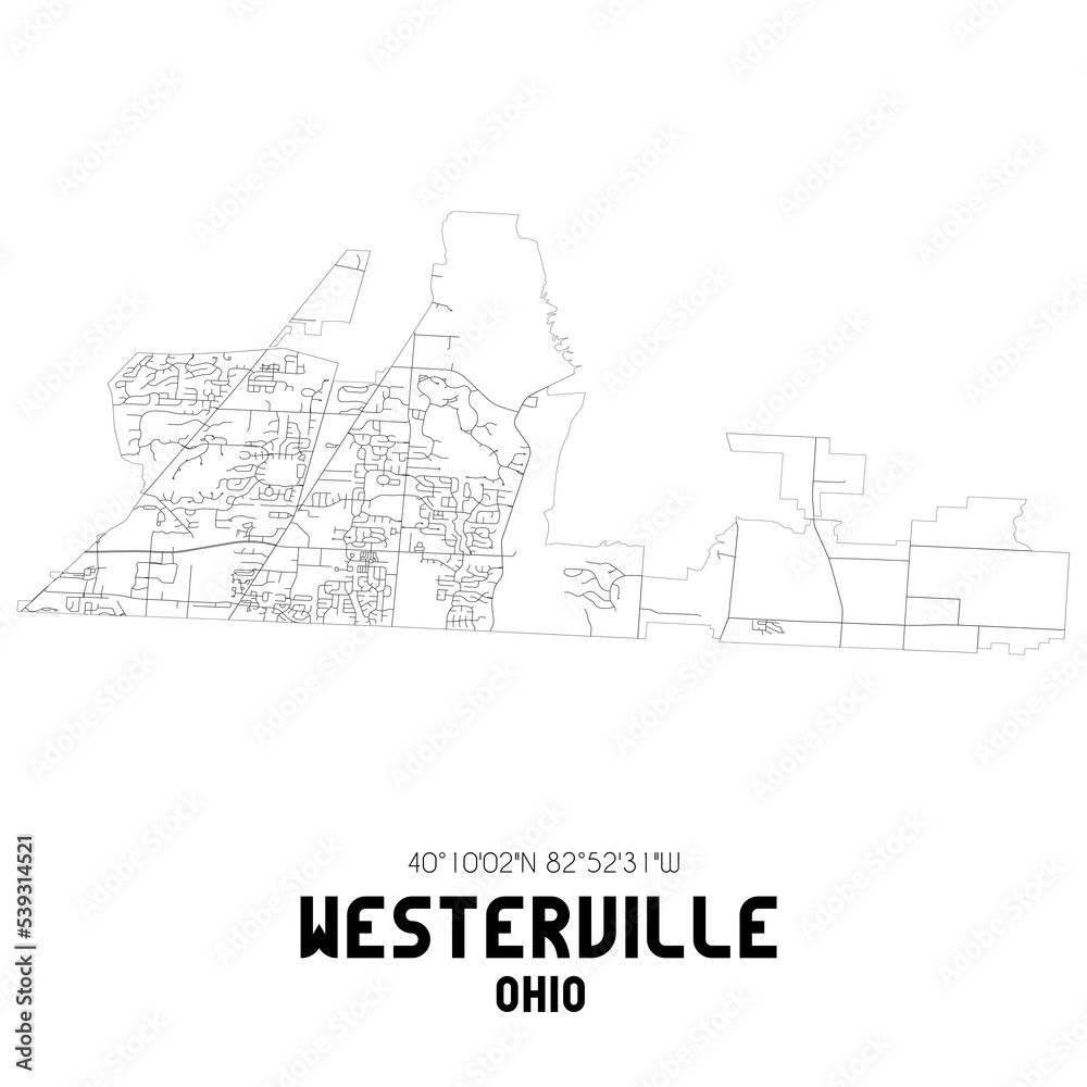 Westerville Ohio. US street map with black and white lines.
