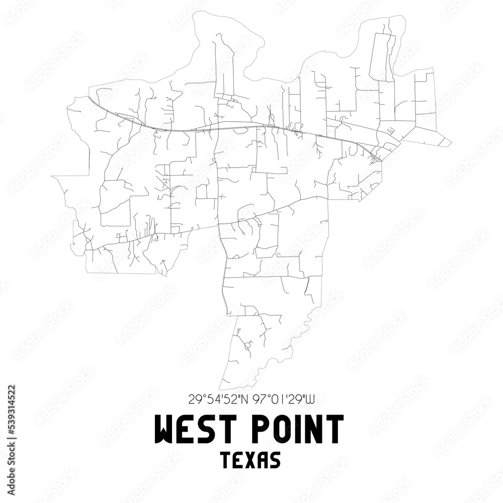 West Point Texas. US street map with black and white lines.